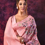 Peach Pink With Peacock And Floral Vine Embroidery Satin Saree