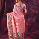 Peach Pink With Peacock And Floral Vine Embroidery Satin Saree