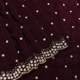 Wine Hand Embroidered Satin Saree With Sequin Floral Border
