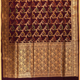 Dark Plum Gold Zari Meenakari Paisley Vine Pure Silk Banarasi Saree With Heavy Gold Floral Pallu