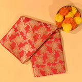 Tomato Red Gold Zari Large Leaf Bouquet All Over Pure Silk Banarasi Saree With Ogee Floral Pallu