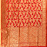 Tomato Red Gold Zari Large Leaf Bouquet All Over Pure Silk Banarasi Saree With Ogee Floral Pallu