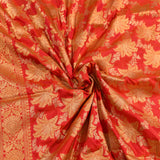 Tomato Red Gold Zari Large Leaf Bouquet All Over Pure Silk Banarasi Saree With Ogee Floral Pallu