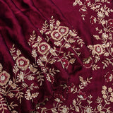 Maroon Hand Embroidered Satin Silk Saree With Scalloped Border