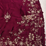 Maroon Hand Embroidered Satin Silk Saree With Scalloped Border