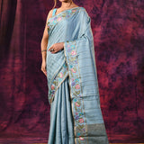 Light Blue With Meenakari Floral Border On Chanderi Saree