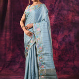 Light Blue With Meenakari Floral Border On Chanderi Saree