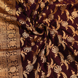 Deep Aubergine Dual Tone Zari Floral Sprig Pure Silk Banarasi Saree With Dense Gold Pallu
