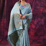 Light Blue With Meenakari Floral Border On Chanderi Saree