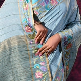 Light Blue With Meenakari Floral Border On Chanderi Saree