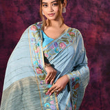 Light Blue With Meenakari Floral Border On Chanderi Saree