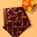 Deep Maroon Silver Zari Diagonal Floral Vine Pure Silk Banarasi Saree With Silver Ogee Jaal Pallu