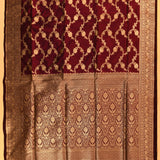 Deep Maroon Silver Zari Diagonal Floral Vine Pure Silk Banarasi Saree With Silver Ogee Jaal Pallu