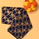 Royal Navy Blue Gold Zari Diagonal Floral Stripe Pure Silk Banarasi Saree With Dense Floral Jaal Pallu