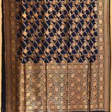 Royal Navy Blue Gold Zari Diagonal Floral Stripe Pure Silk Banarasi Saree With Dense Floral Jaal Pallu