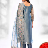 Teal Blue Organza Tissue Floral Kurta Set
