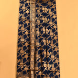 Royal Navy Blue Gold Zari Diagonal Floral Stripe Pure Silk Banarasi Saree With Dense Floral Jaal Pallu
