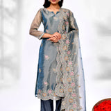 Teal Blue Organza Tissue Floral Kurta Set