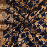 Royal Navy Blue Gold Zari Diagonal Floral Stripe Pure Silk Banarasi Saree With Dense Floral Jaal Pallu