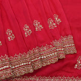 Pink-Red Saree With Multi-Row Gold Embroidered Border