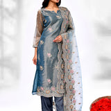 Teal Blue Organza Tissue Floral Kurta Set