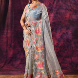 Silver Grey With Multicolor Floral Paisley Applique Work Tissue Silk Embroidered Saree