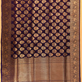 Violet Purple Gold Zari Floral Bouquet Butti Pure Silk Banarasi Saree With Gold Geometric Pallu