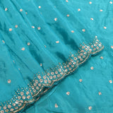 Turquoise Satin Saree With Sequin Booti And Scalloped Border