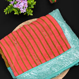 Peach Designer Saree With Hand-Painted Floral Embroidery And Striped Pallu