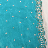 Turquoise Satin Saree With Sequin Booti And Scalloped Border
