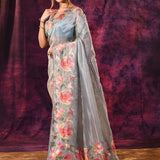 Silver Grey With Multicolor Floral Paisley Applique Work Tissue Silk Embroidered Saree