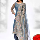 Teal Blue Organza Tissue Floral Kurta Set