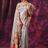 Silver Grey With Multicolor Floral Paisley Applique Work Tissue Silk Embroidered Saree