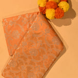 Peach Orange Silver Zari Ogee Floral All Over Pure Silk Banarasi Saree With Contrast Emerald Green Arch Pallu