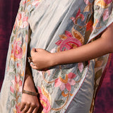 Silver Grey With Multicolor Floral Paisley Applique Work Tissue Silk Embroidered Saree