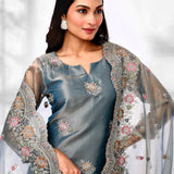 Teal Blue Organza Tissue Floral Kurta Set