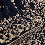 Navy Saree With Dense Gold Sequin Floral Embroidery