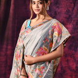 Silver Grey With Multicolor Floral Paisley Applique Work Tissue Silk Embroidered Saree
