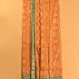 Peach Orange Silver Zari Ogee Floral All Over Pure Silk Banarasi Saree With Contrast Emerald Green Arch Pallu