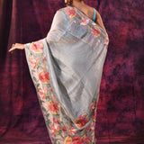 Silver Grey With Multicolor Floral Paisley Applique Work Tissue Silk Embroidered Saree