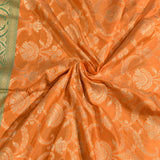 Peach Orange Silver Zari Ogee Floral All Over Pure Silk Banarasi Saree With Contrast Emerald Green Arch Pallu