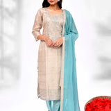 Soft Cream Linen Floral Thread Work Kurti Set