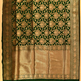 Deep Bottle Green Dual Tone Zari Large Floral Jaal Pure Silk Banarasi Saree With Gold Geometric Pallu