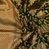 Deep Bottle Green Dual Tone Zari Large Floral Jaal Pure Silk Banarasi Saree With Gold Geometric Pallu