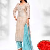 Soft Cream Linen Floral Thread Work Kurti Set