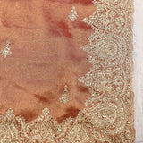 Peach Satin Saree With Heavy Gold Paisley Embroidered Border