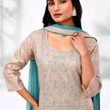 Soft Cream Linen Floral Thread Work Kurti Set