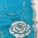 Teal Saree With Pearl Swirl Embroidery And Sequin Rose Motif