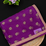 Purple Organza Saree With Gold Embroidered Floral Booti And Ribbon Border