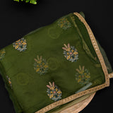 Olive Green Designer Saree With Embroidered Floral Booti & Sequin Border